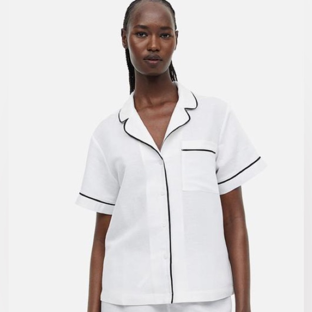 H&M Linen Blend Short Sleeved Shirt White Black Size Medium